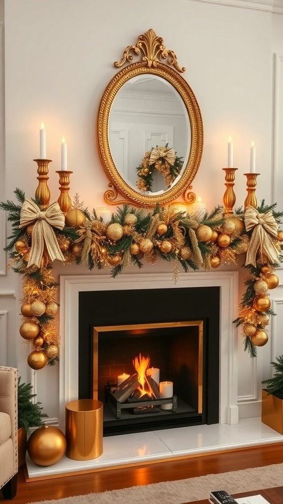 Elegant Gold Christmas Decor Ideas for Living Room Fireplaces A stylish living room fireplace decorated with gold garland, candles, and ornaments for Christmas.